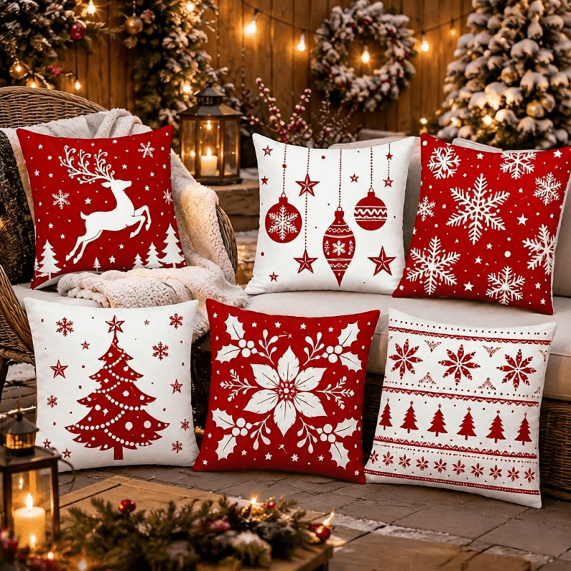 TEMU Housses de coussin carrées pour canapé, style décoratif nordique, motif imprimé de Noël, cèdre et de neige, non texturé, non brodé, couleurs
