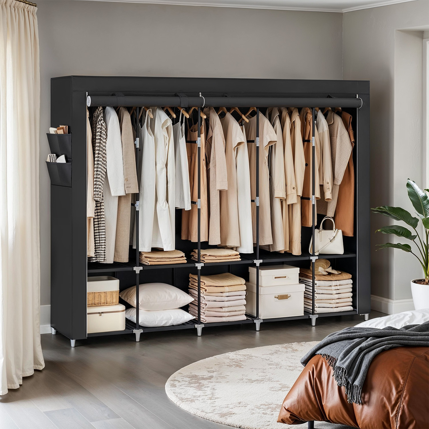 TEMU Portable Large Fabric Wardrobe Closet With 5-rail Garment Rack, Heavy-duty Stainless Frame & Shelves, Space-saving Clothes Storage Suitable For,