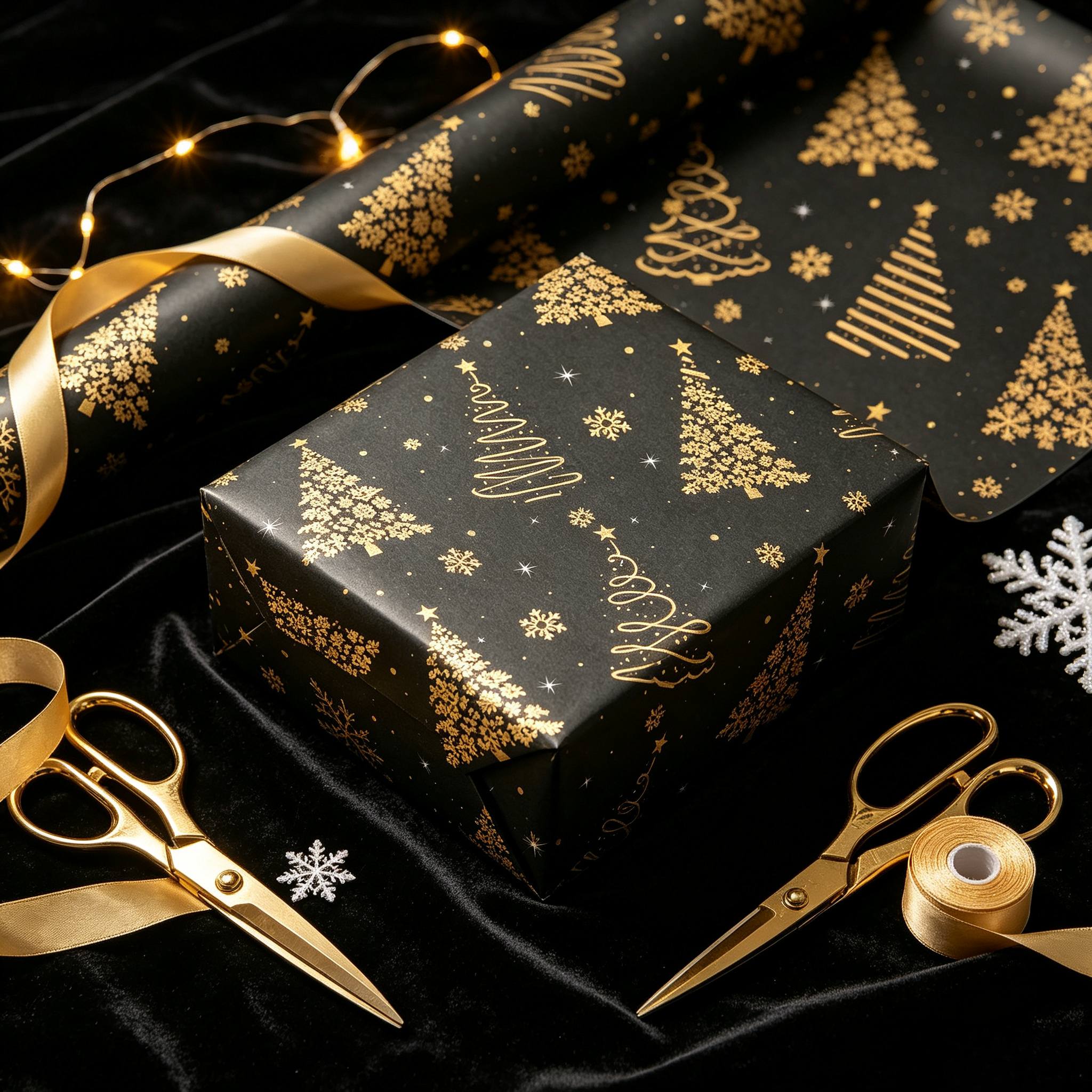 TEMU 1 Rouleau de de Noël 17x118 Pouces, Papier d'Emballage Décoratif à Base Noire avec Imprimé Minimaliste Doré de Pin et de Neige, Emballage Cadeau