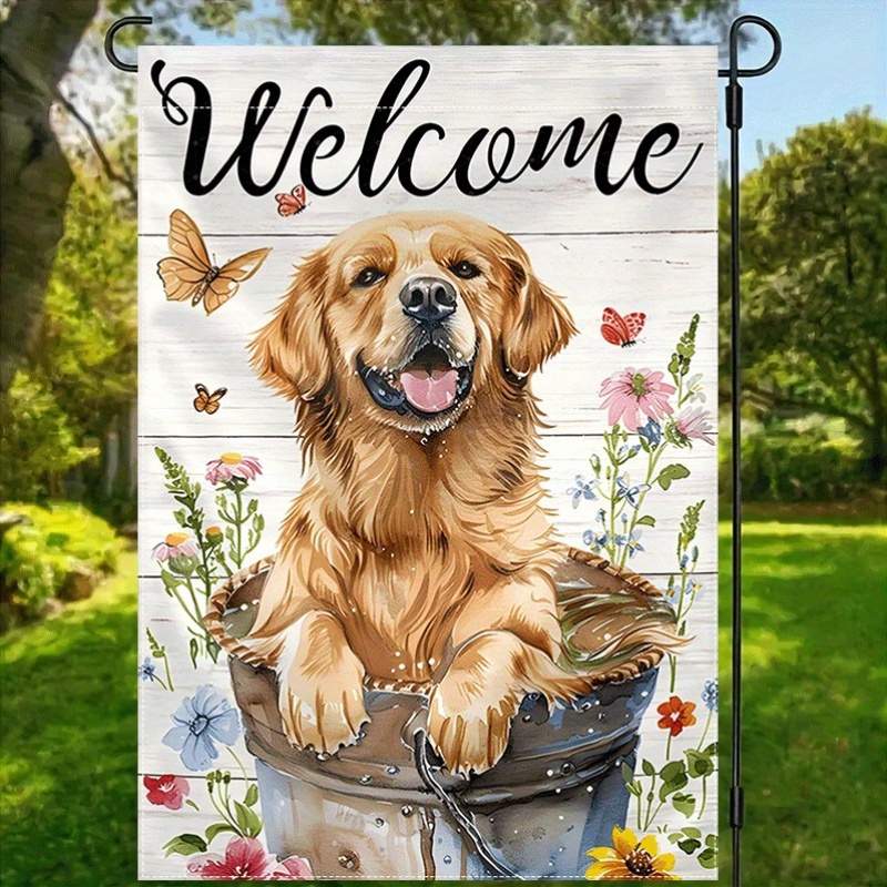 TEMU 2d Flat - 2d Flat - Welcome Flag Featuring A Golden Retriever, Made Of Durable, Polyester Burlap. This Double-sided Decorative Flag Is Suitable