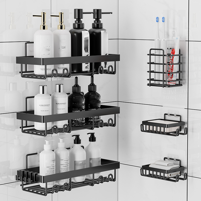 TEMU 6pcs/ Set Shower Caddy Organizer Shelves - Stainless Steel Bathroom Shower Organizers With Soap Caddy, Toothbrush Holder, Adhesives Wall Mounted