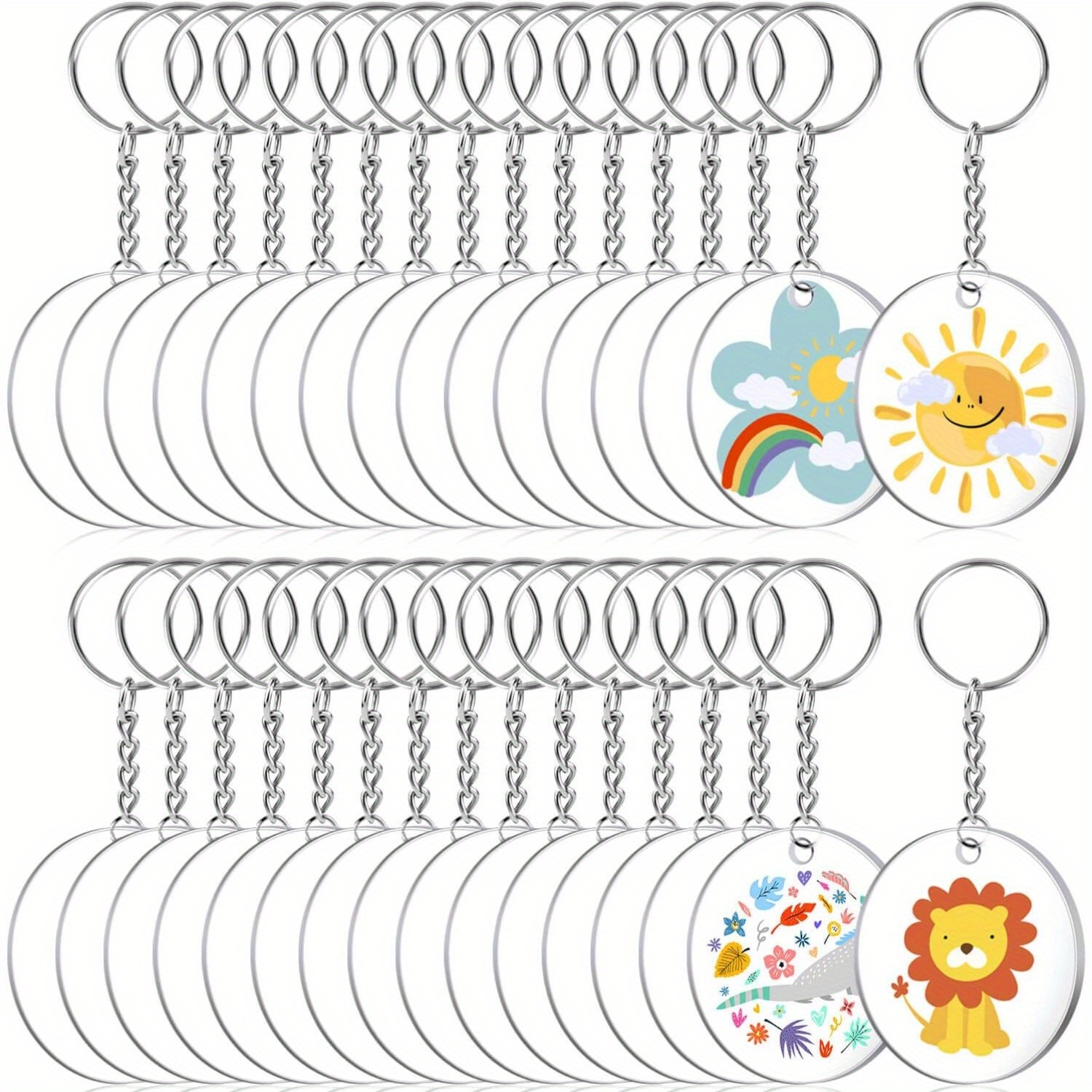 TEMU Lot de 90 pièces vierges pour porte-clés à soi-, comprenant 30 acryliques circulaires transparents, 30 porte-clés et 30 anneaux de suspension