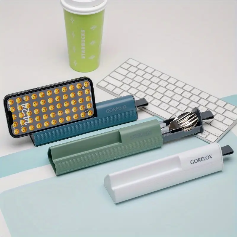 set of 4 travel utensils made of stainless steel, reusable cutlery, portable silverware lunch box suitable for camping and office, fork, spoon, knife, and case. Product details 1