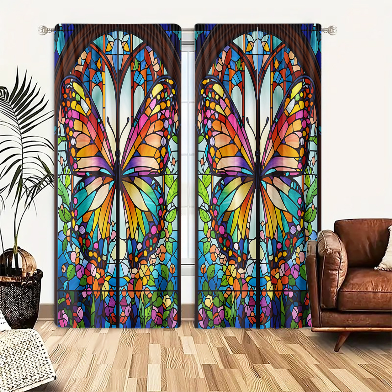 

2pcs Art Deco Butterfly Print Light-filtering Curtains, Polyester Rod Pocket Window Drapes For Bedroom, Living Room, Office - Machine Washable, Fade Resistant, Decorative Panels