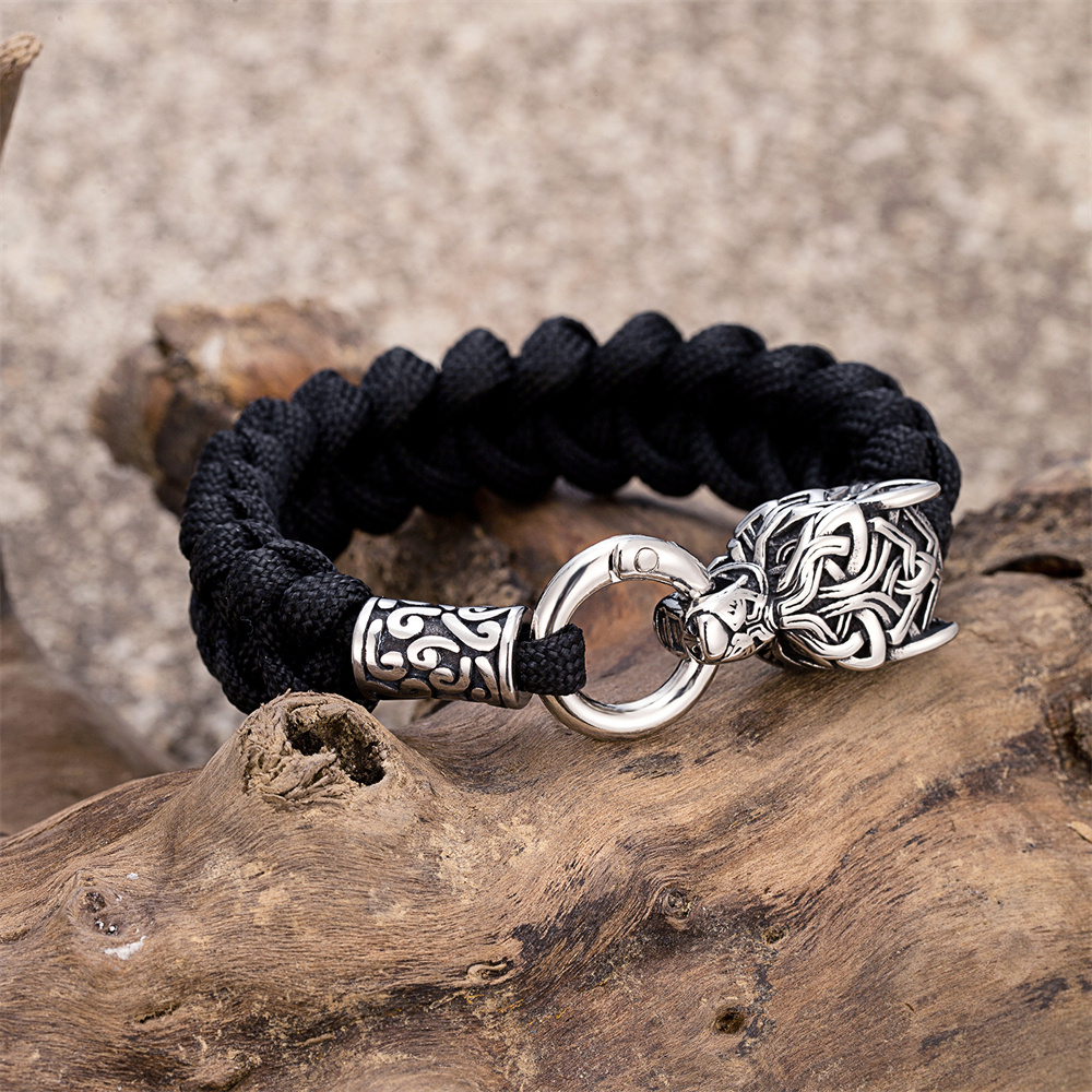 Image of Punk Viking Wolf Head Bracelet, Celtic Wolf Weaving Umbrella Rope Survival Bracelet, Men's Outdoor Jewelry