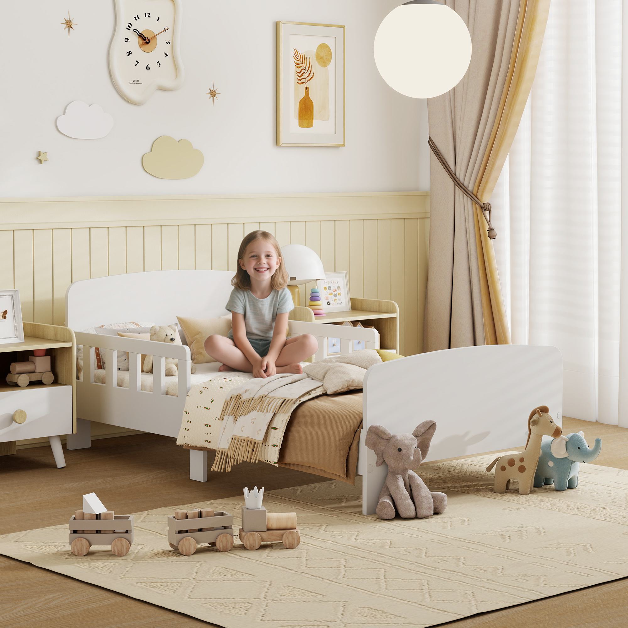 TEMU Lit Qaba, Cadre de Lit pour Enfants avec Barres de Sécurité Latérales pour Fille Garçon, Blanc