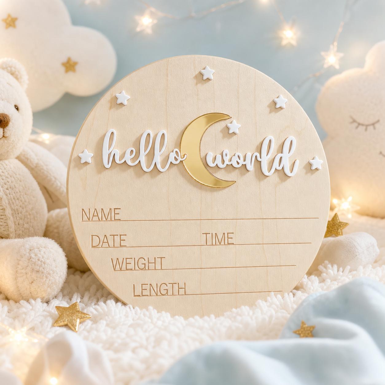Image of Hello World Moon Round Wooden Monthly Milestone Newborn Photo Prop Growth Record Frame Keepsake