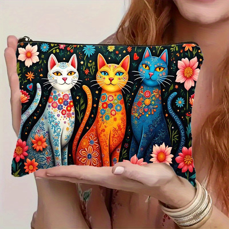 TEMU Bohemian Style Cat Print Makeup Bag. The Durable Storage Bag Features A Secure Zipper Closure, Making It Women To Use. An Ideal Gift