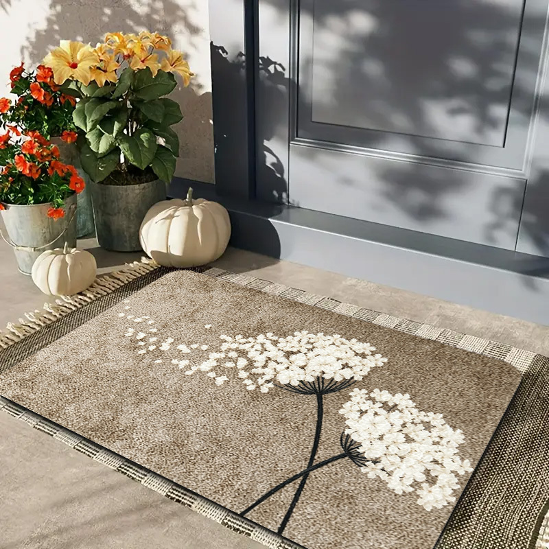TEMU 1pc Easy-to-bloom Fluffy Doormat, Plush Material, Suitable For Hallway Living Room Entrance, Elegant White Dandelion Line Printed Doormat,