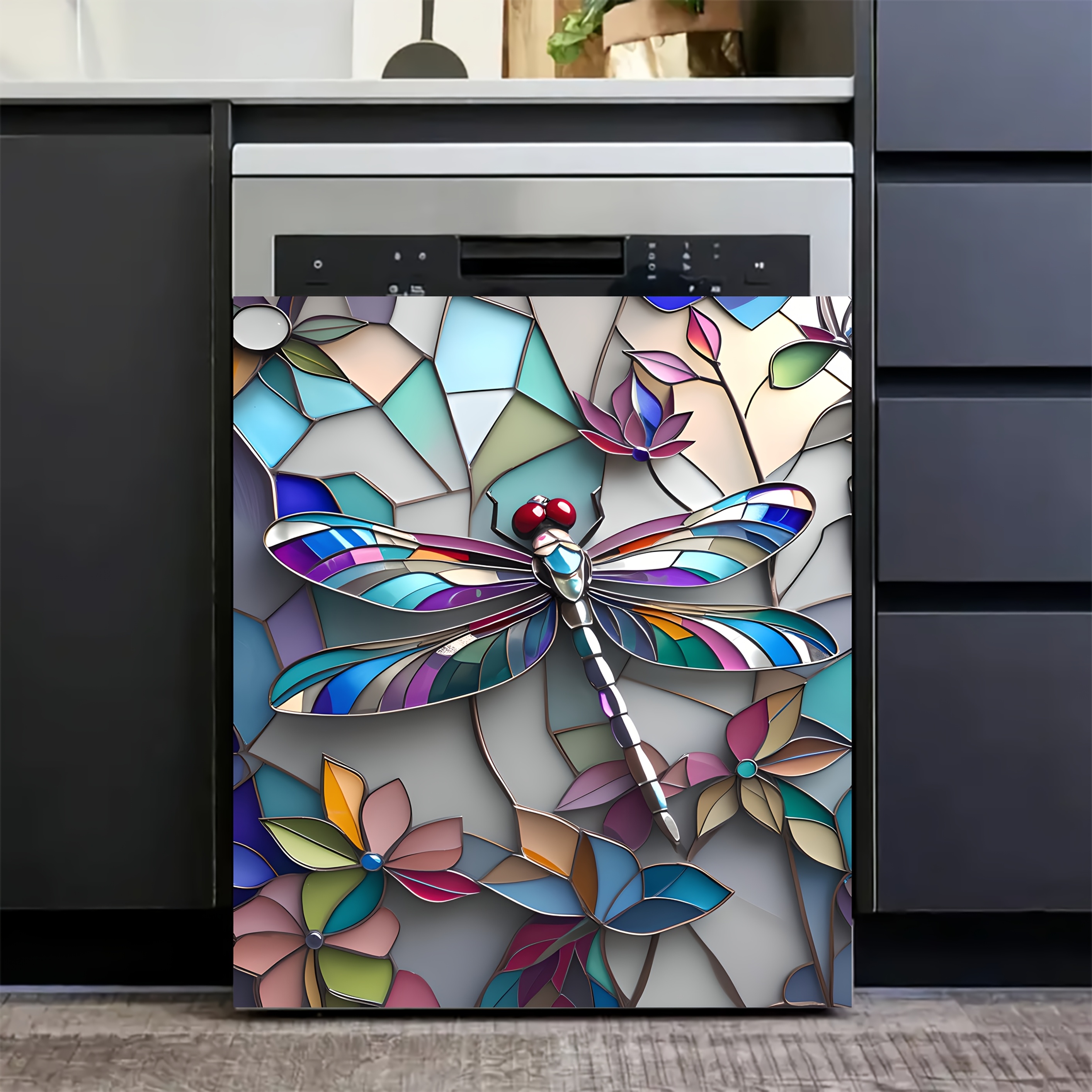 TEMU 2d Flat Stained- Dragonfly & Multicolor Mosaic Dishwasher Door Sticker | Pvc Appliance Film, Glossy Glass Art Decal For Ovens, Refrigerators,