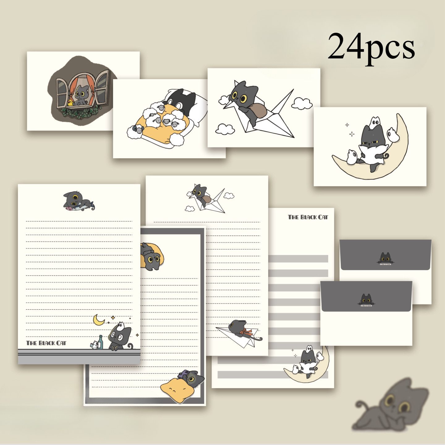 Image of 24pcs Little Black Cat Envelope Set Cute Card Communication Letter Paper Simple Ins Student Creative Envelopes, 12 Sheets Of Letter Paper, 12 Envelopes, Suitable For Invitations And Letters