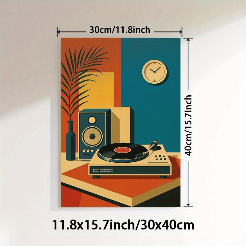 TEMU 1pc Vintage Retro Speaker & Vinyl Record Wall Art - Ongeframeerd Modern Canvas Print, Kleurrijke Geometrische Ontwerp, Ideaal voor Woonkamer,