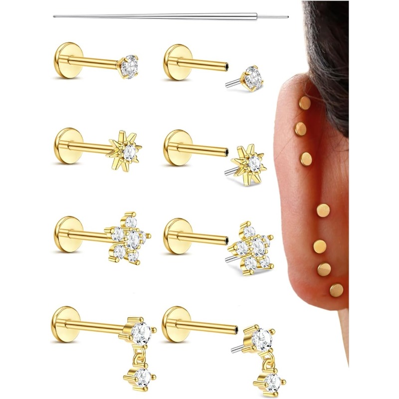 Image of 8 Pairs Body Piercing Jewelry Stainless Steel With Zirconia For Ear Nose Lip Piercings Daily Use And Festive Events