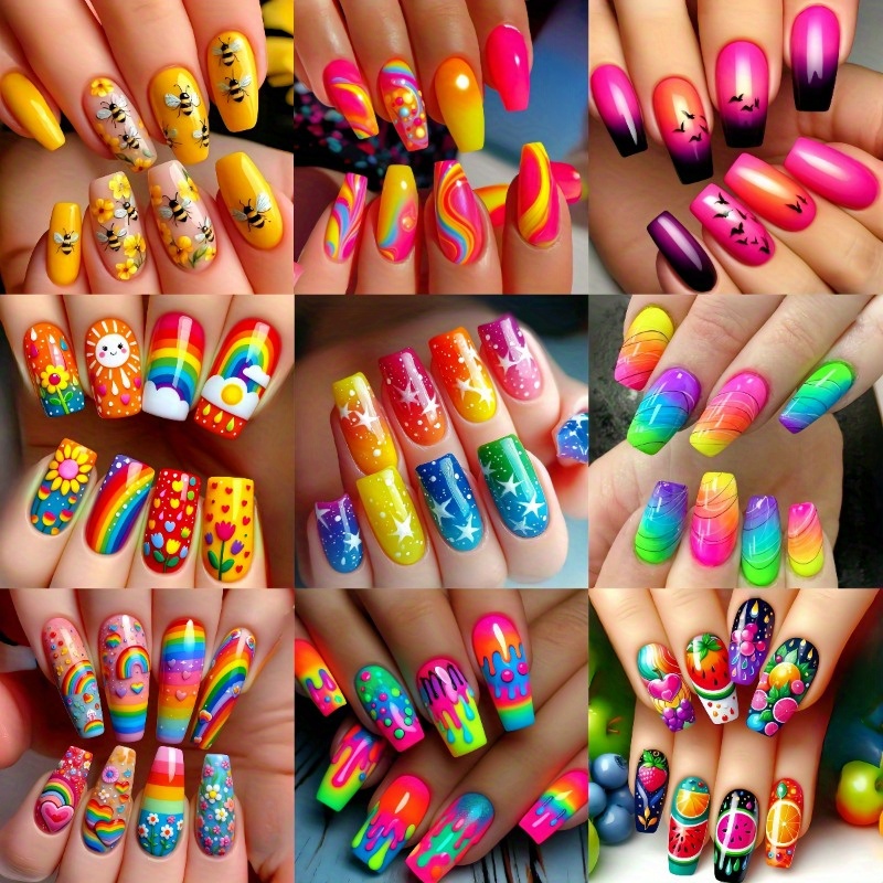 TEMU 216pcs (9pcs) Coffin Shape Press On Nails - Medium Length Reusable Acrylic False Nails With Rainbow Gradient, Bee Glitter & Glossy Finish,