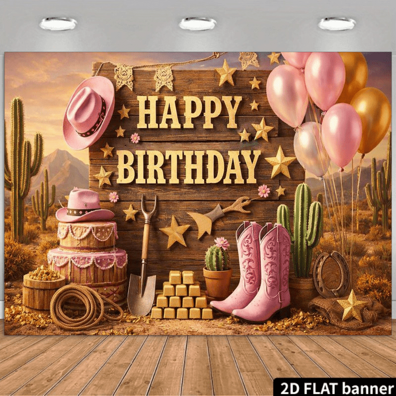TEMU 2d Western Cowboy Style Happy Birthday Banner Background. Features A Western Pink Cowboy Theme With Elements Such As A Pink Cowboy Hat, Cowboy