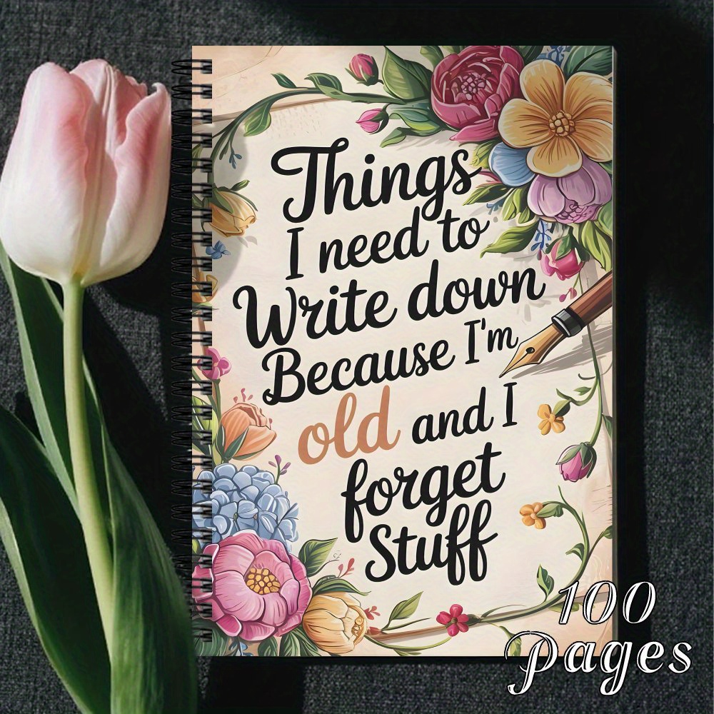 TEMU 1pc Diario de Memorias Divertido para Ancianos - "Cosas que Necesito Anotar porque Soy y Cosas" Cuaderno con Diseño Floral Vintage & Bolígrafo -