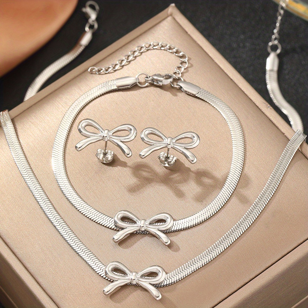 TEMU A Sweet Bowknot Stainless Steel Non-fading Snake Bone Chain Bracelet, Earrings, Necklace, Japanese And Korean Minimalist Versatile High-end