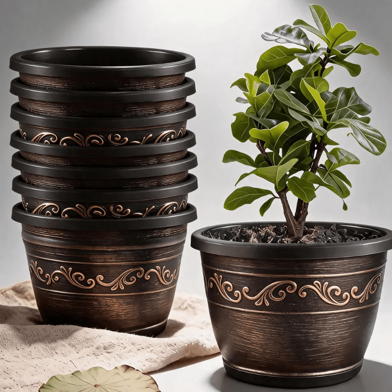 TEMU Lot de 7 pots de jardinière ronds vintage en plastique pour usage intérieur/extérieur, avec trous de drainage et construction robuste et légère,