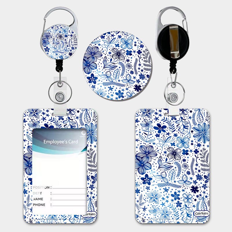 TEMU Blue Floral Id Badge Holder Women's Fashion Print Card Holder Portable Id Card Protector Blue Anti-lost Id Holder With Retractable Lanyard And