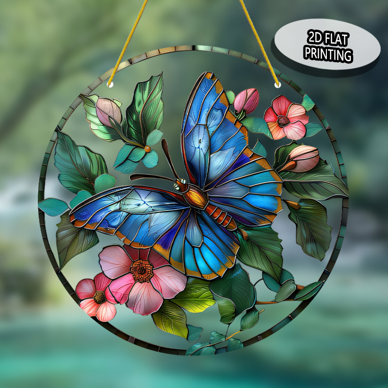 TEMU 2d Flat - This Is A 2d Flat Sun Catcher Featuring A Surrounded By And Green Leaves. Made Of Acrylic And Serves As Vintage Wall Art Suitable For