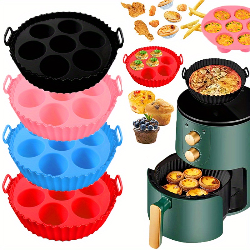   set of high quality round silicone additions for air fryers featuring a 7 hole cake mold and a pan it   with a non stick fireproof alternative to baking paper