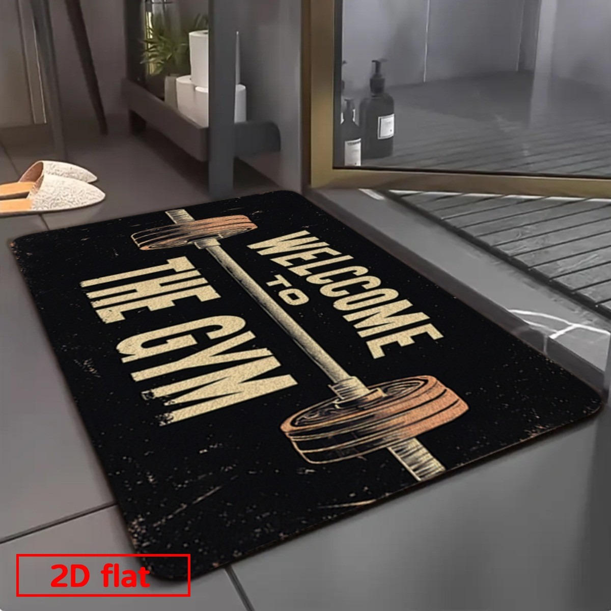 TEMU 1pc Heavyweight Gym Barbell Dark Distressed Flannel Floor Mat With Worn Vintage Look, Cream Text "welcome To ", Fitness , Home Gyms, Workout