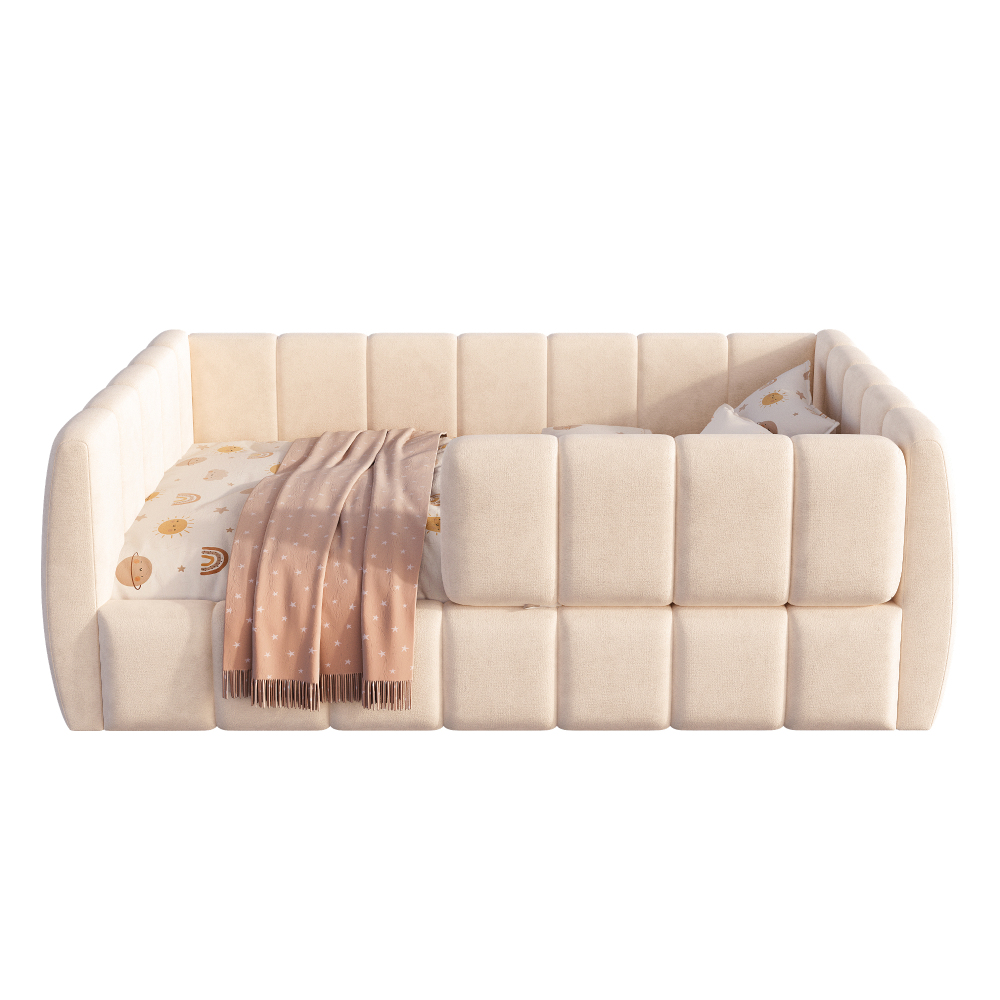 Upholstered Floor Daybed with Removable Guardrails, Compatible with Standard US Mattresses, Safety Bed with High Headboard And Footboard, Beige