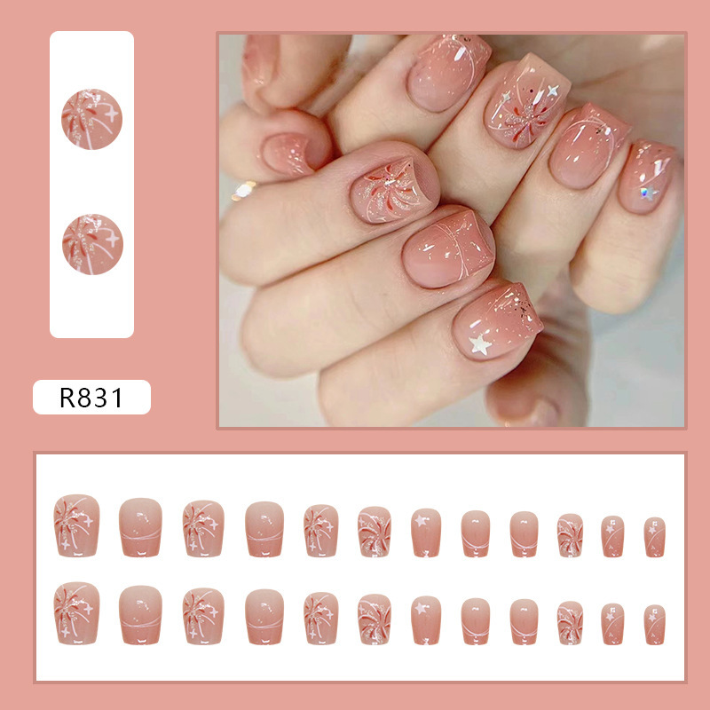 24pcs Pink Fireworks Pattern Press-on Fake Nails, Short Square Fake Nails