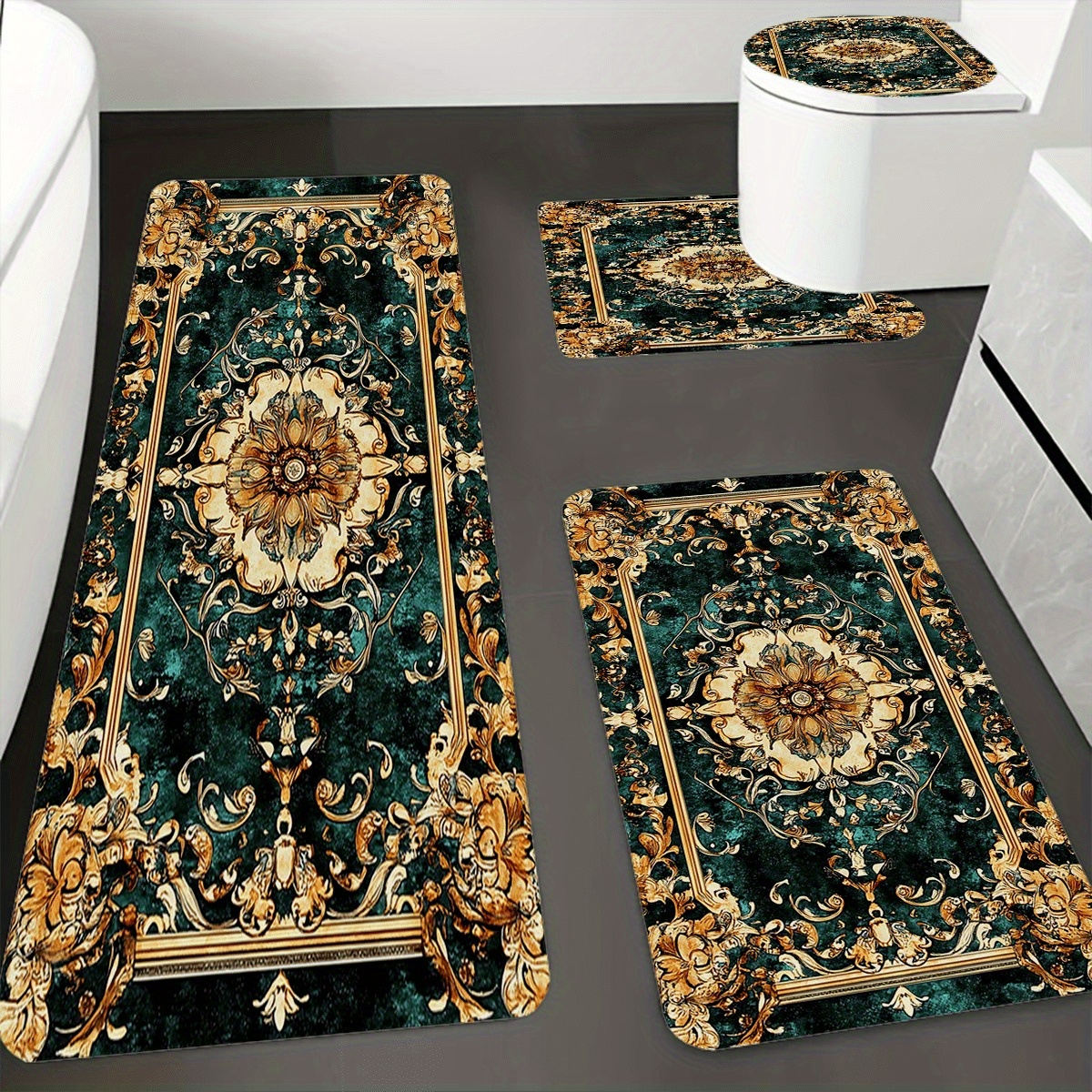 TEMU Quattro Eleganti Tappetini da Bagno Stampati - Antiscivolo, con Bordi Dorati, Design Vintage, Set di Tappeti, Decorati con Intricati Motivi e