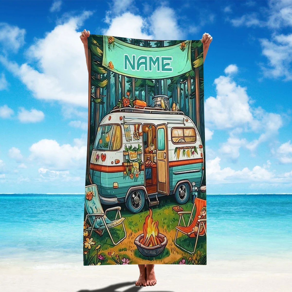 TEMU 1 Personalized Name Van Beach Towel, Lightweight, Suitable For Beach, Parties, Travel, Camping, Personalized Beach Towels, Oversized Beach