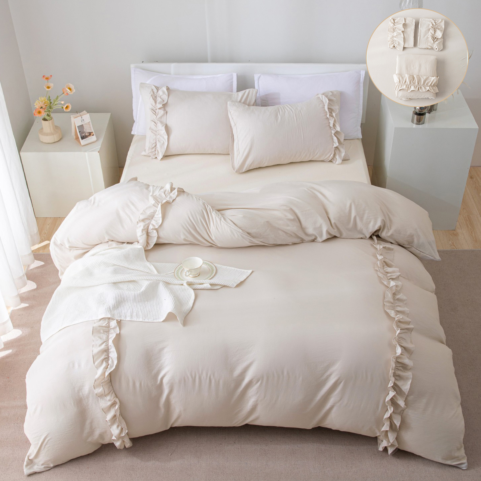 Image of 3pcs December 90g Solid Color Synthetic Polyester Beige-gray Surface Bow Duvet Cover Set, Bedding 3pcs Set, Includes 1 Duvet Cover And 2 Pillowcases, Duvet Cover Set, Style, Ten Sizes