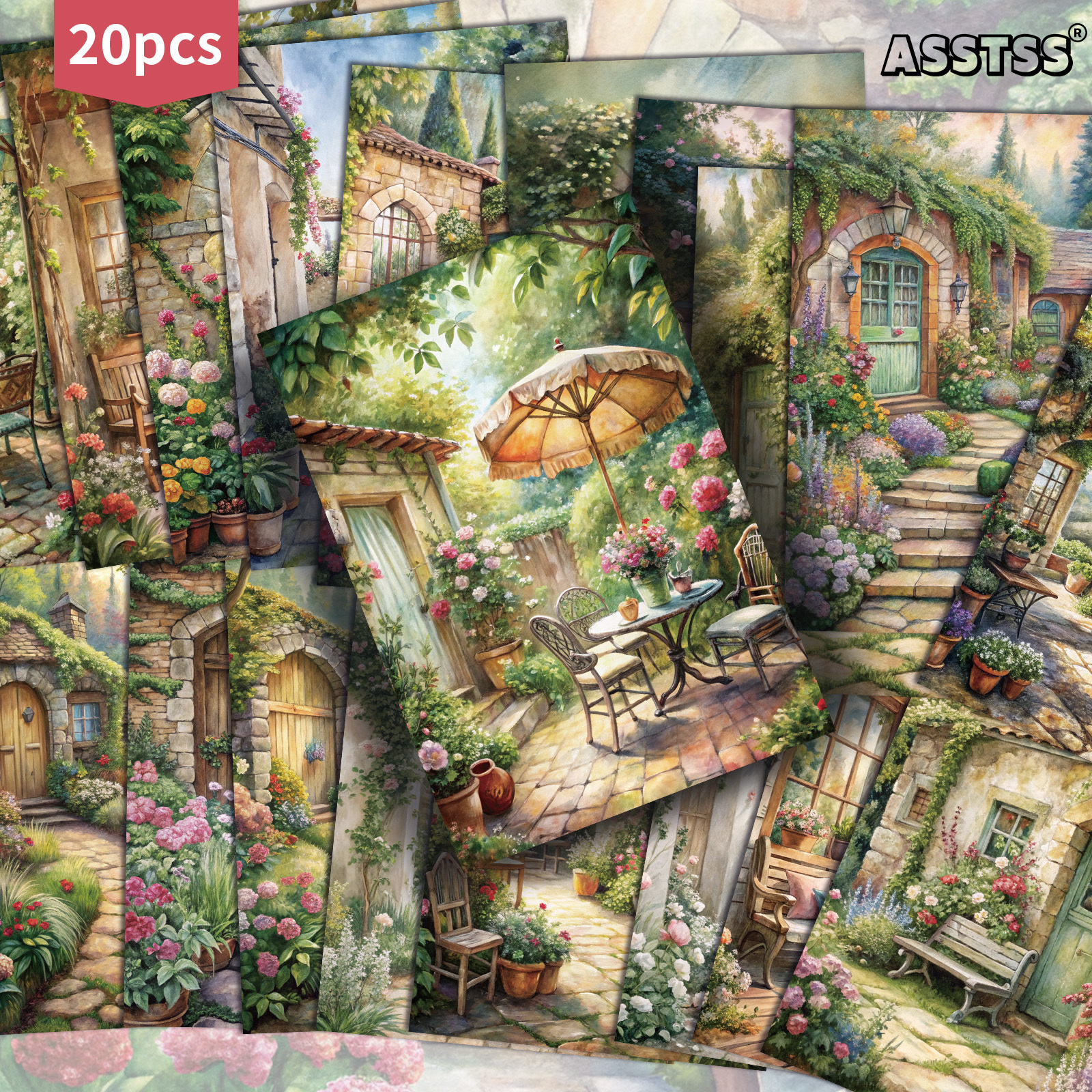 E-shop 20er-Pack ASSTSS Vintage Frühlingshof-Garten Geschenkkarten - 4x6 Zoll Retro Junk-Journal-Papier, Ein- oder Doppelseitig, Klassische