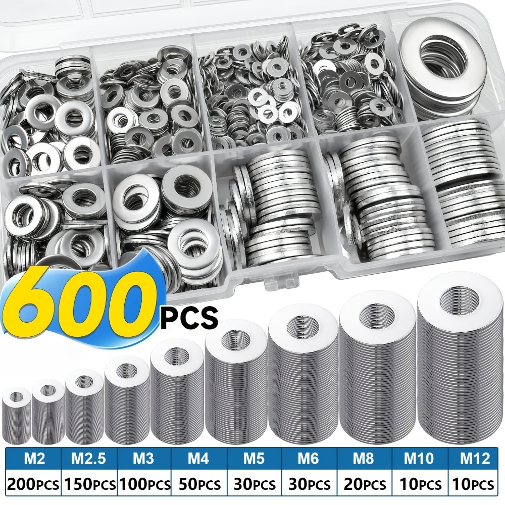 TEMU 600pcs 304 Stainless Steel Flat Washer Set, Durable Material, Polished Surface, O-ring Fastener Gasket Set, With Storage Box, Includes 9 Common