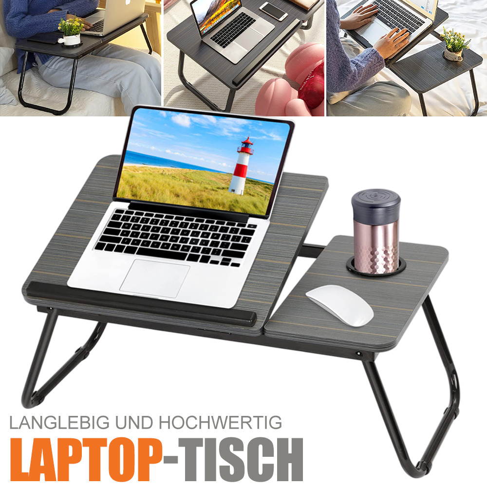Foldable Laptop Table With Wood - Portable Bed Tray Desk W/drink Holder, Lightweight Bedside Table For Tablet & Notebook, Compact For Office, Travel, Reading (55 X 32 X 25cm)
