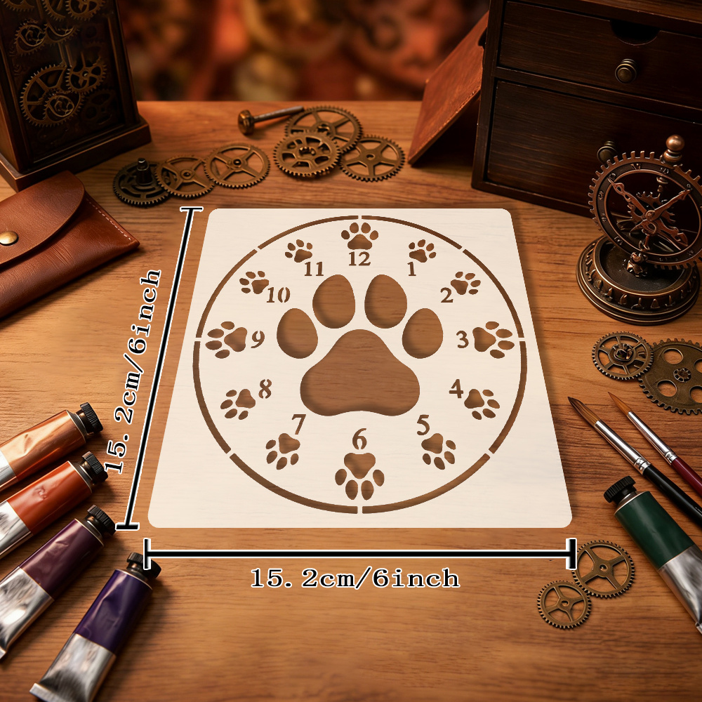 TEMU 1pc Dog Paw Clock Stencil 6x6 Inch With Central Paw Print & Hour Markers - Round Dial Template Suitable For Diy Crafts, Scrapbooking, Card