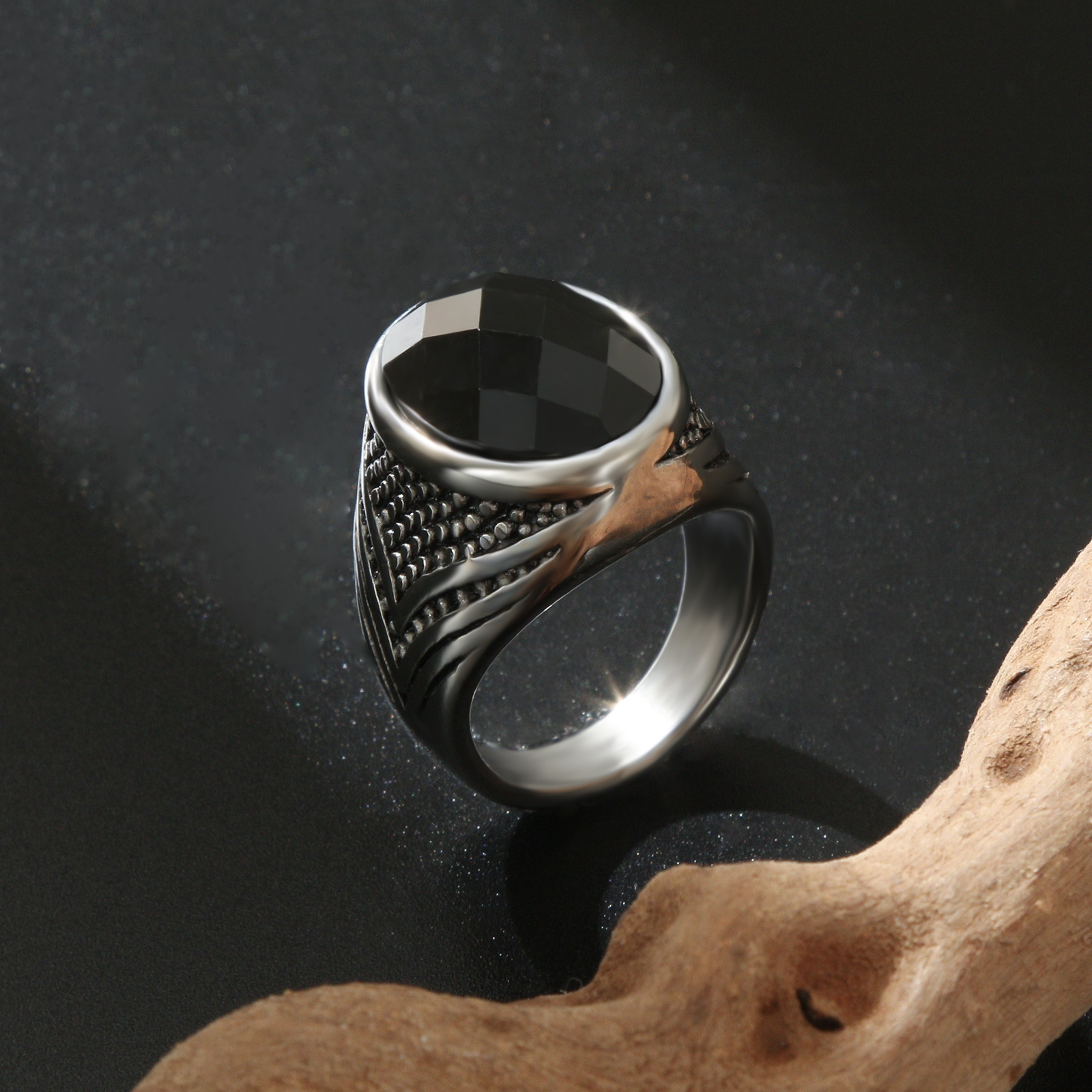 Image of Men' S Retro Antique Silvery Black Inlaid Synthetic Synthetic Gems 316l Stainless Steel Cocktail Ring