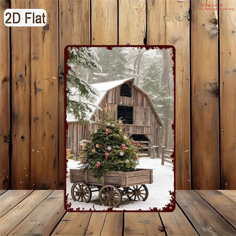 TEMU 2d Flat, [2d Flat] 1pc Metal Wall Art, Vintage Rustic Christmas Iron Wagon With Snowy Barn Scene, Metal Iron Decor, 6×12 Inch, For Living Room,