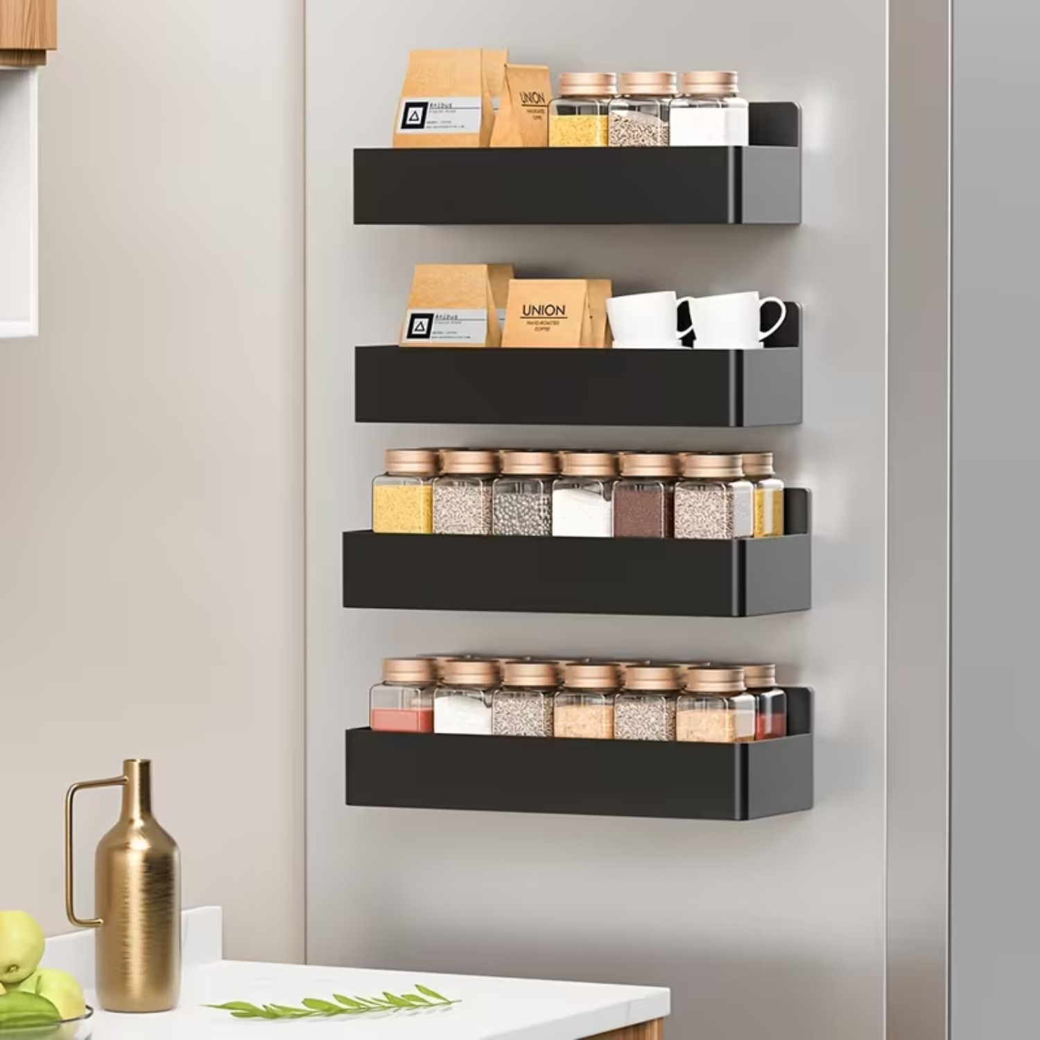 TEMU 4pcs Large Capacity Black And White Multifunctional Wall Mounted Storage Rack, Non-perforated Installation Storage Rack, Kitchen Refrigerator,