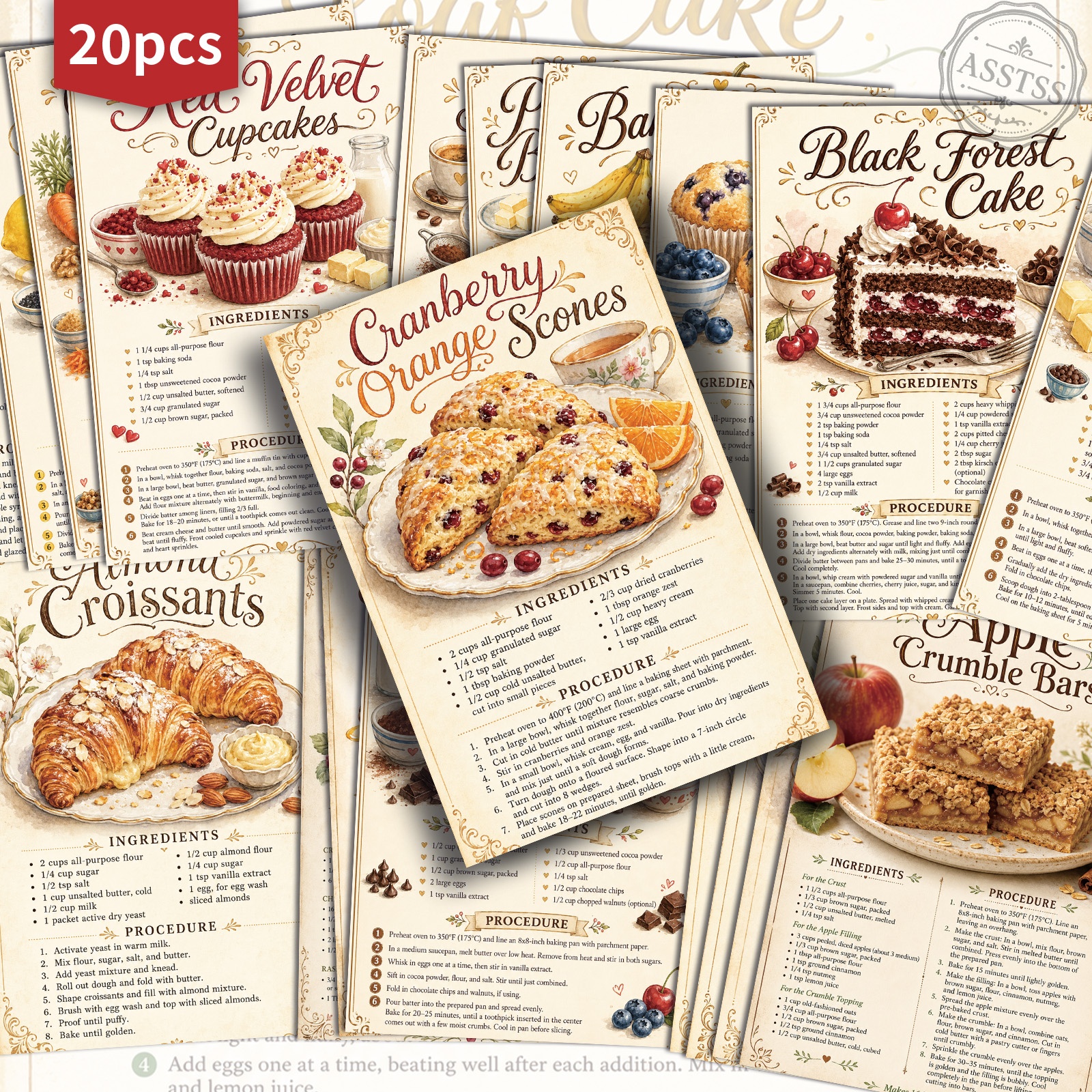 TEMU 20-pack Asstss Vintage Baking Recipe Postcards - 4x6 Inches Retro Junk Journal Supplies, Classic Pinup Illustrations Collectible Decorative
