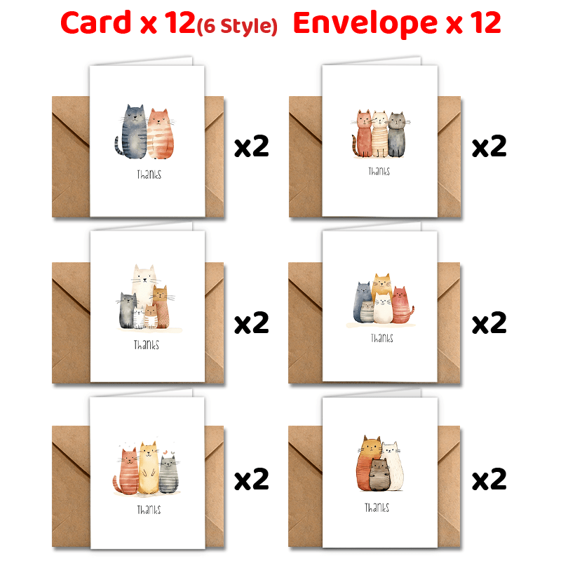 

24- Cat Envelopes, 6 Styles, Appreciation Greeting For Colleagues, Boss, , Christmas, New , ,