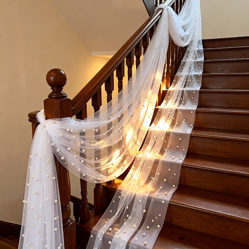 TEMU 1pc White Handmade Pearl Tulle, High- Soft Mesh Fabric With Flowing Draping, Hand-sewn Irregular Round Pearls, For Styling. Suitable For Wedding