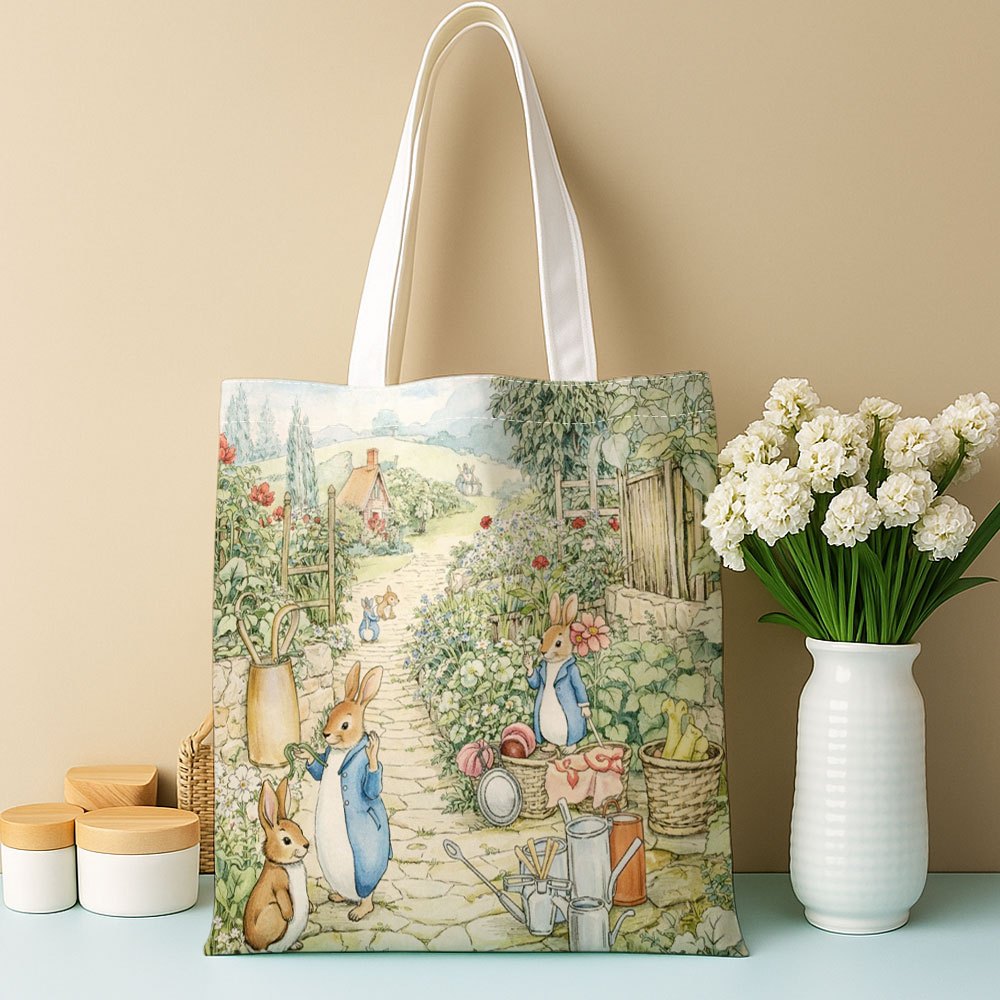 TEMU Women' Vintage Rabbit Garden Tote Bag - Rabbit-themed Suitable For, & Everyday Use, Book Bag With Rabbit Garden Print, Hand Washable Multicolor