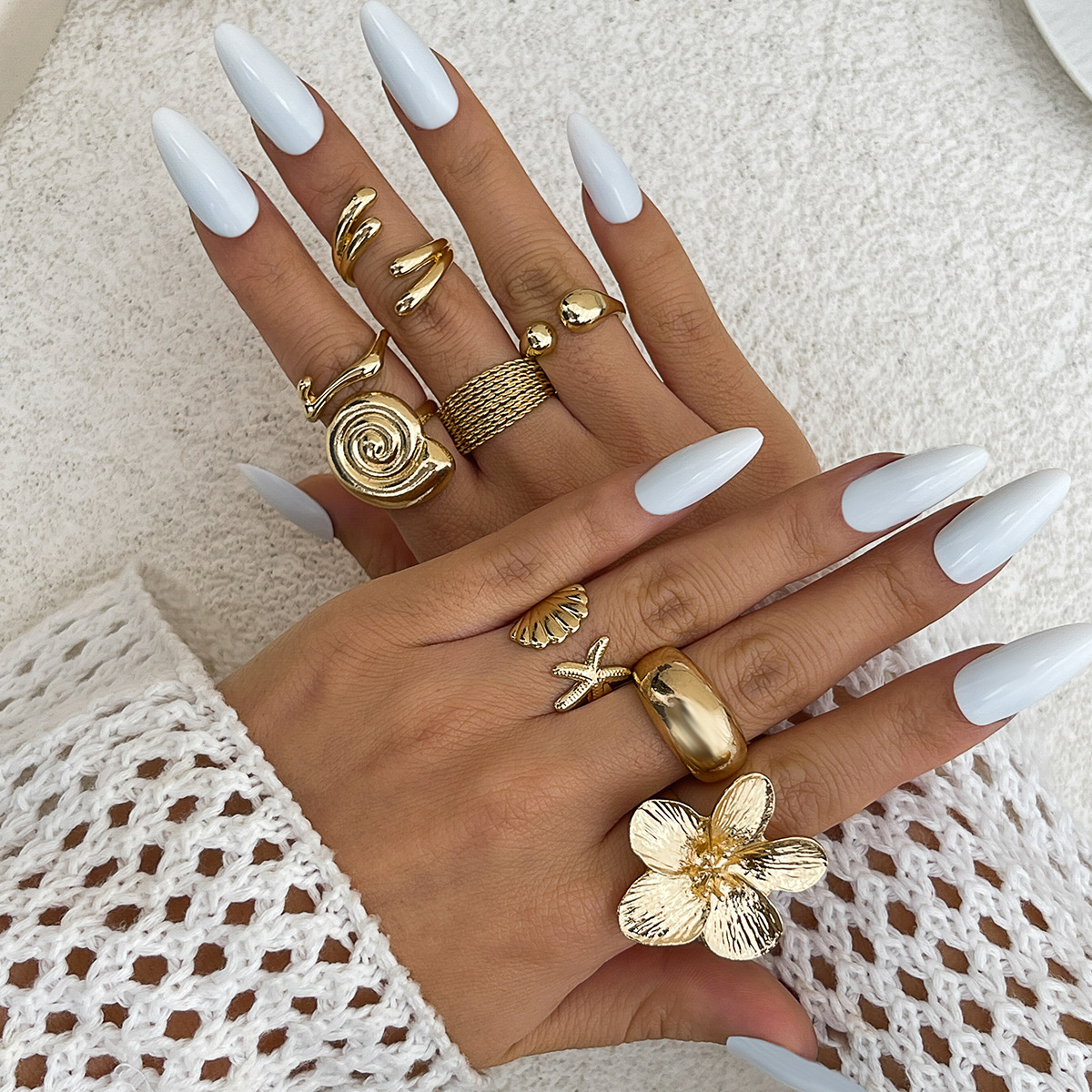 8pcs Starfish Scallop Opening Ring Ins Alloy Flower Smooth Ring Set