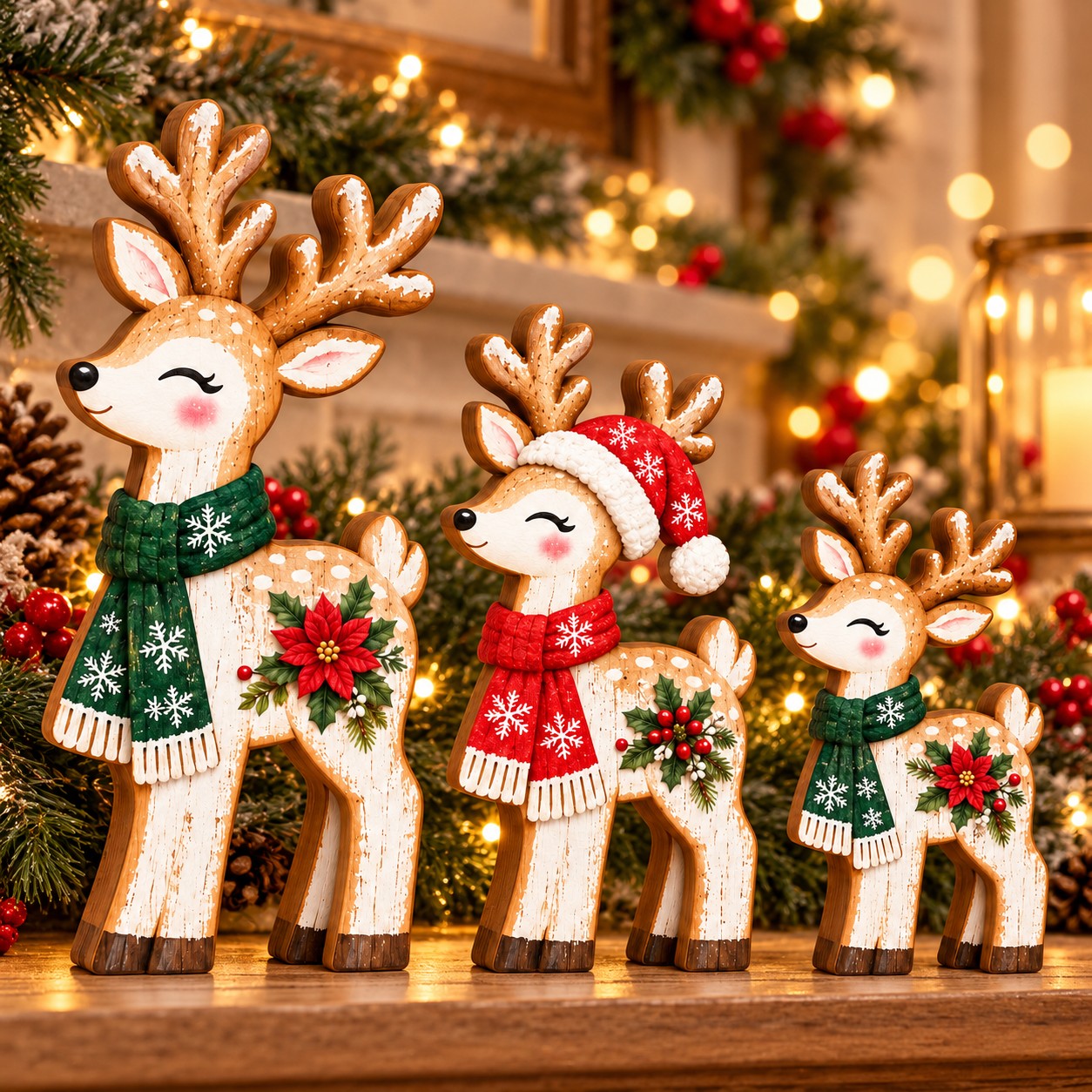 TEMU 3pcs Wooden Christmas Reindeer Tabletop Decor Set, 2d Flat Deer Figurines With Uv Printed Scarf Santa Hat Poinsettia Design, Freestanding Rustic