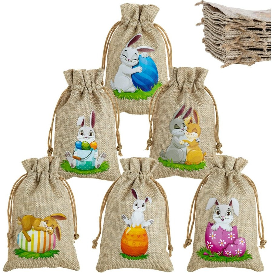 

24pcs Easter Bunny Linen Drawstring Gift Bags, Burlap Jute Party Favor Bags, For Decorations And Gift Wrapping Supplies