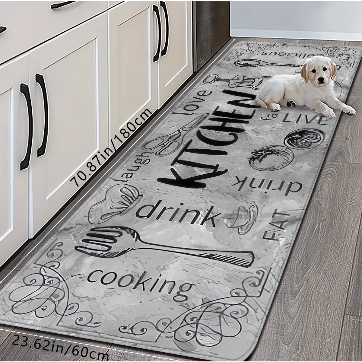 TEMU 1 pièce/2 pièces/3 pièces Tapis de cuisine long à thème créatif avec motif imprimé 'KITCHEN', tapis de sol couloir de cuisine absorbant
