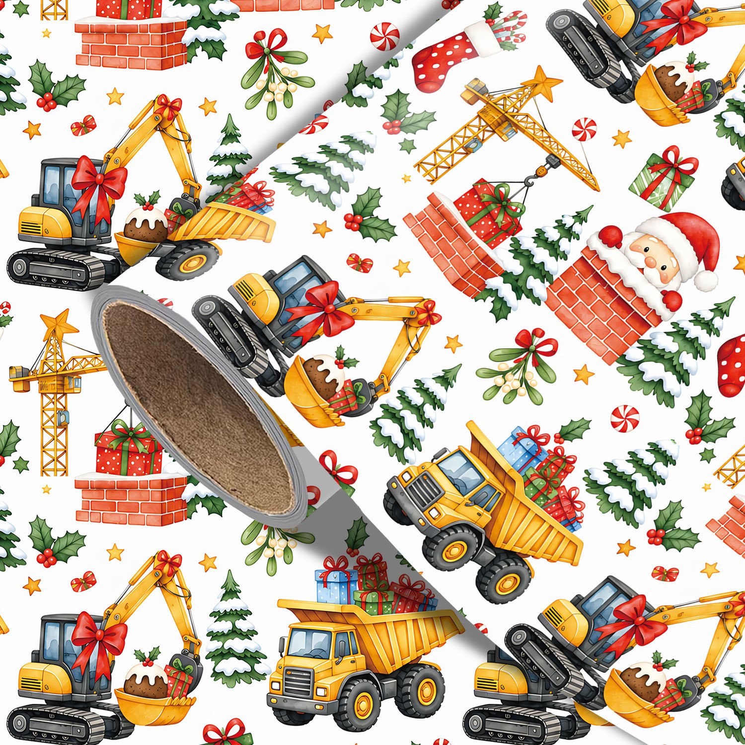 TEMU Roll Construction-themed Christmas Wrapping Paper Suitable For Xmas Gifts, Birthday Party Decorations With Dump Trucks, , Excavators, Santa