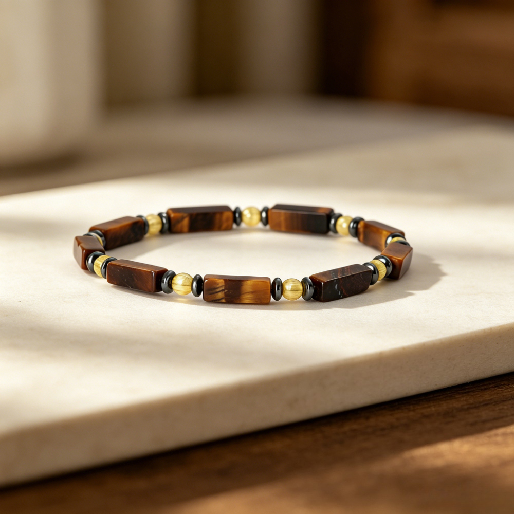 Rectangular Tiger's Eye and Golden Stretch Bracelet