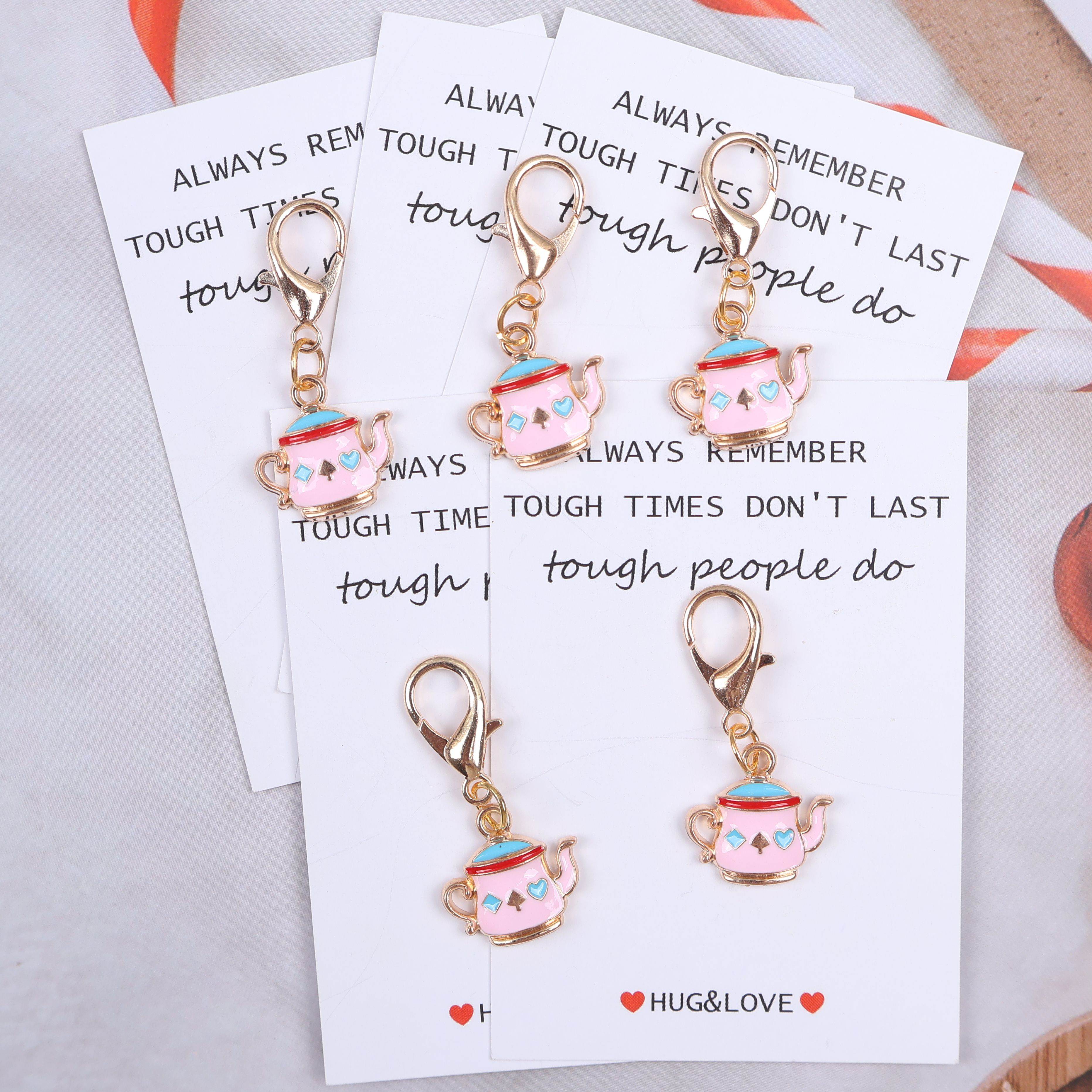 TEMU 5pcs Set Of Pocket Hug Cards, Featuring Teacup And Teapot Pendant Keychains, Accompanied By Motivational Cards. Suitable As Keepsake Gifts For