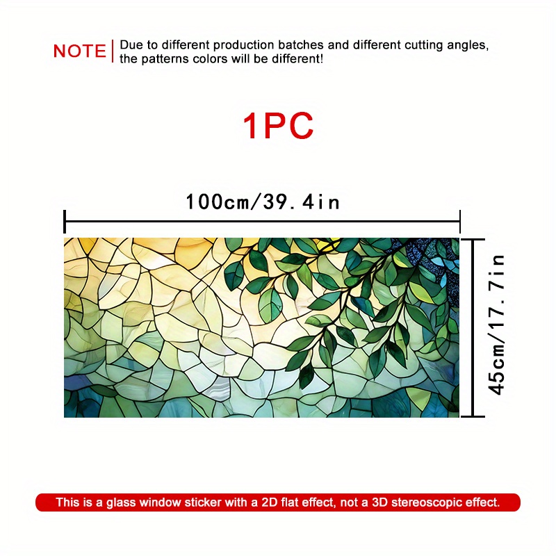 TEMU 1pc 2d Botanical Stained Glass Window Film - Gradient Green Foliage Cracked Glass Mosaic Design, Pvc No-glue Heat-resistant Removable Decal